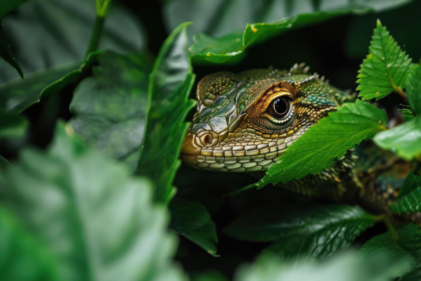 a lizard hiding behind leaves photo
