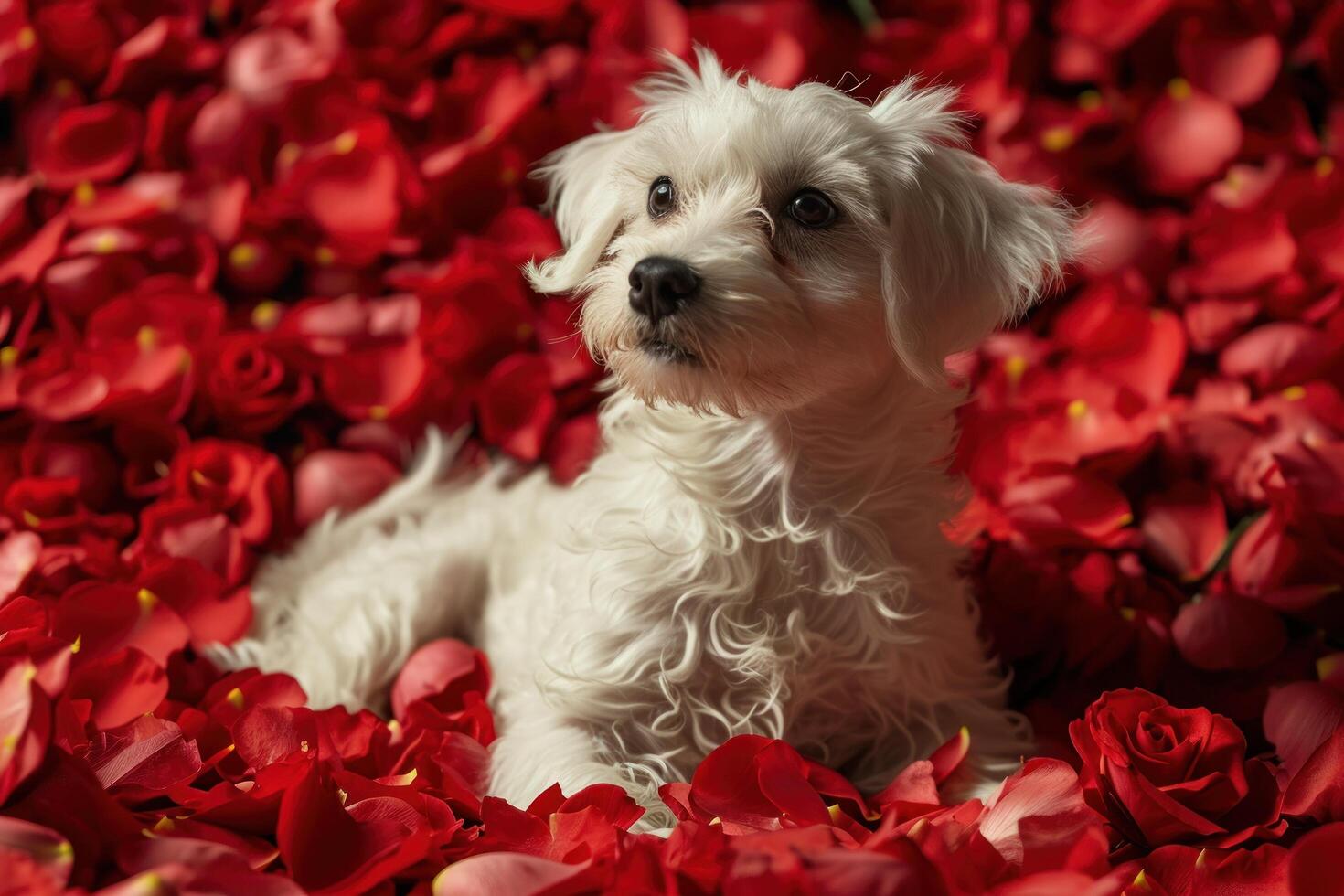 a dog lying in a pile of red rose petals photo