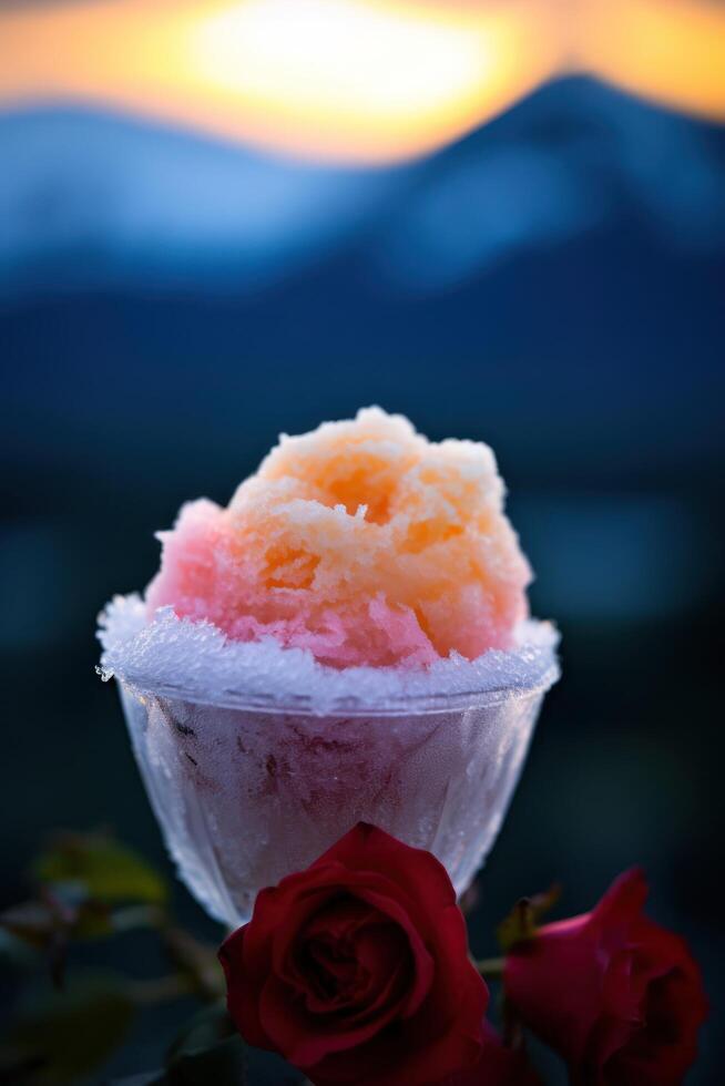 a bowl of ice cream with snow photo