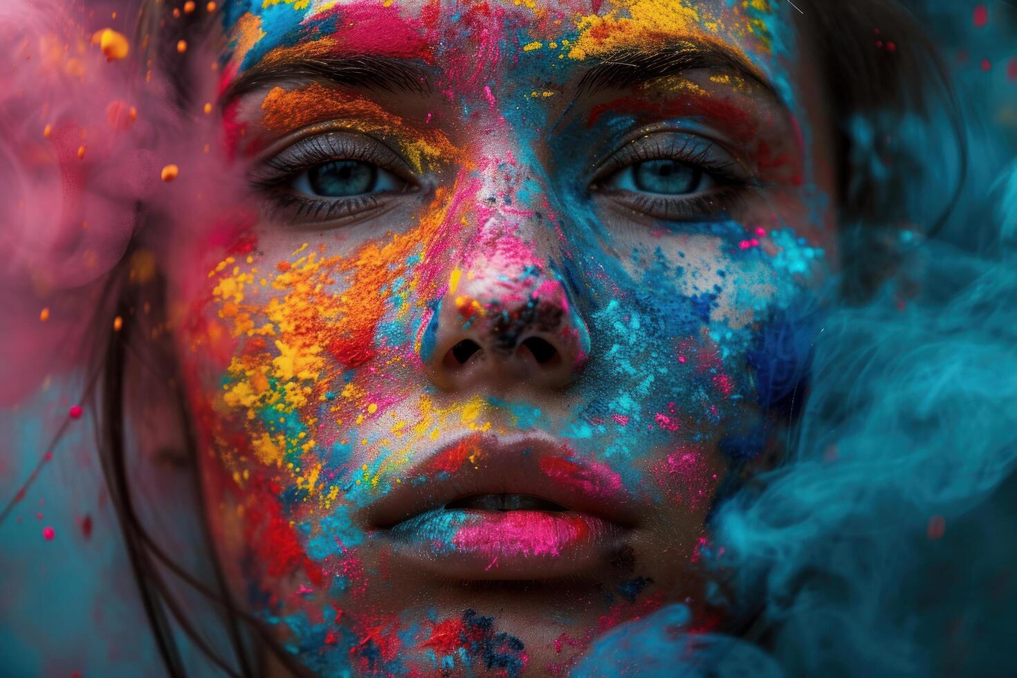 a woman with colorful paint on her face photo