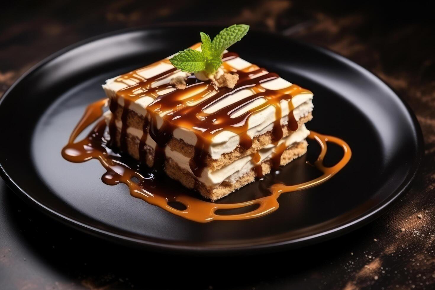 a piece of cake with caramel sauce and mint on a black plate photo