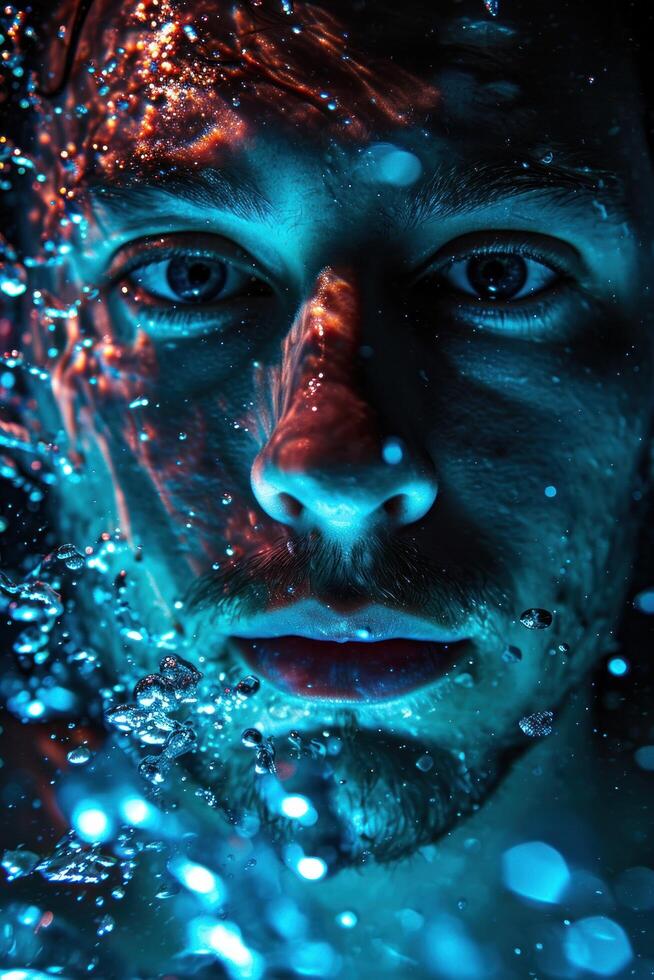 a man under water with red and blue lights photo