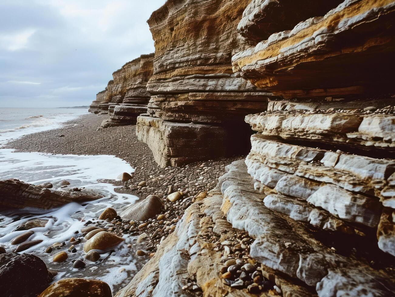 a rocky cliff with a cave on the side photo