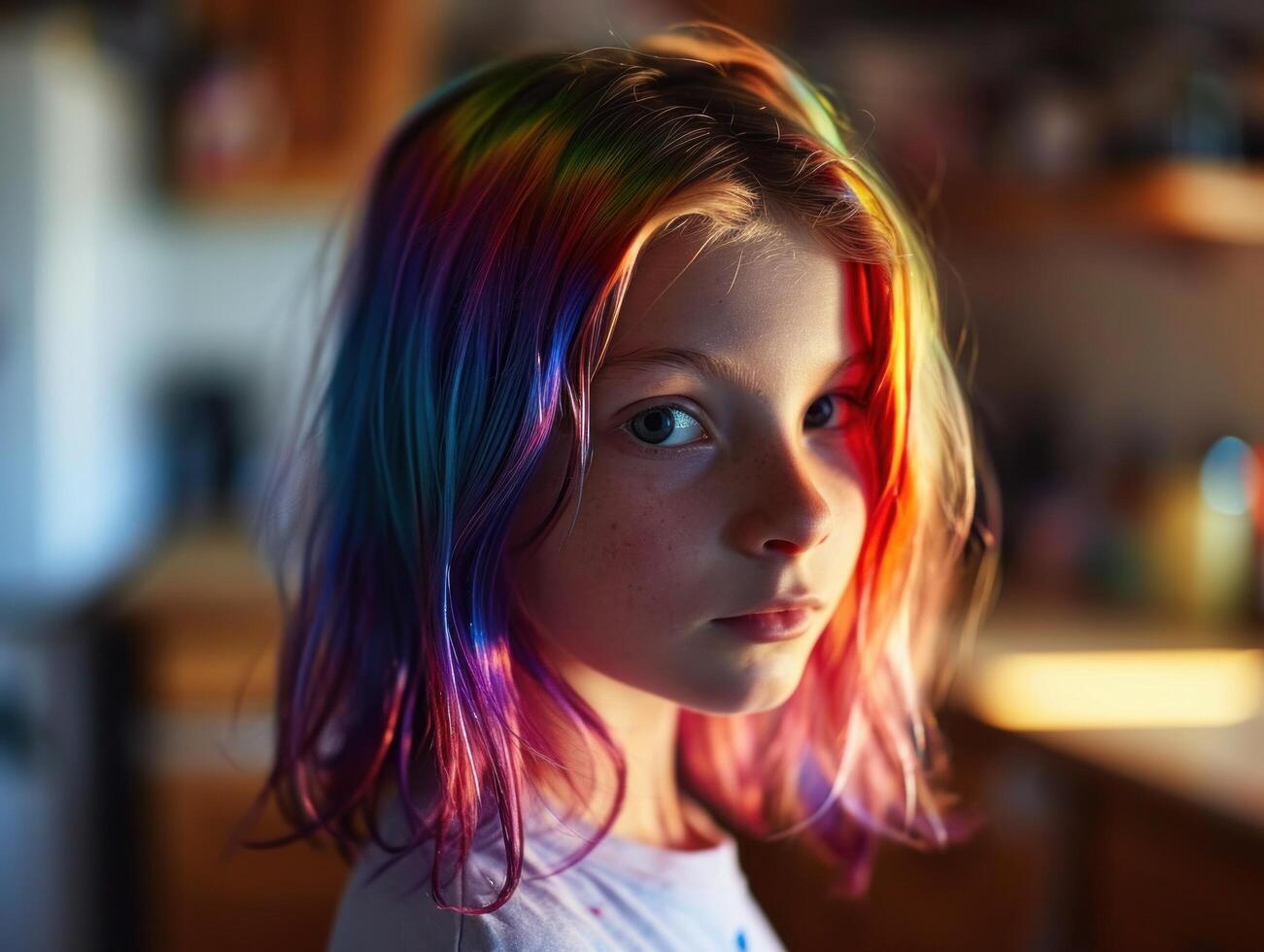 a girl with rainbow colored hair photo