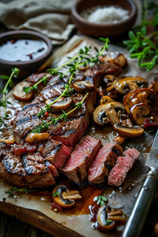 a steak and mushrooms on a cutting board photo