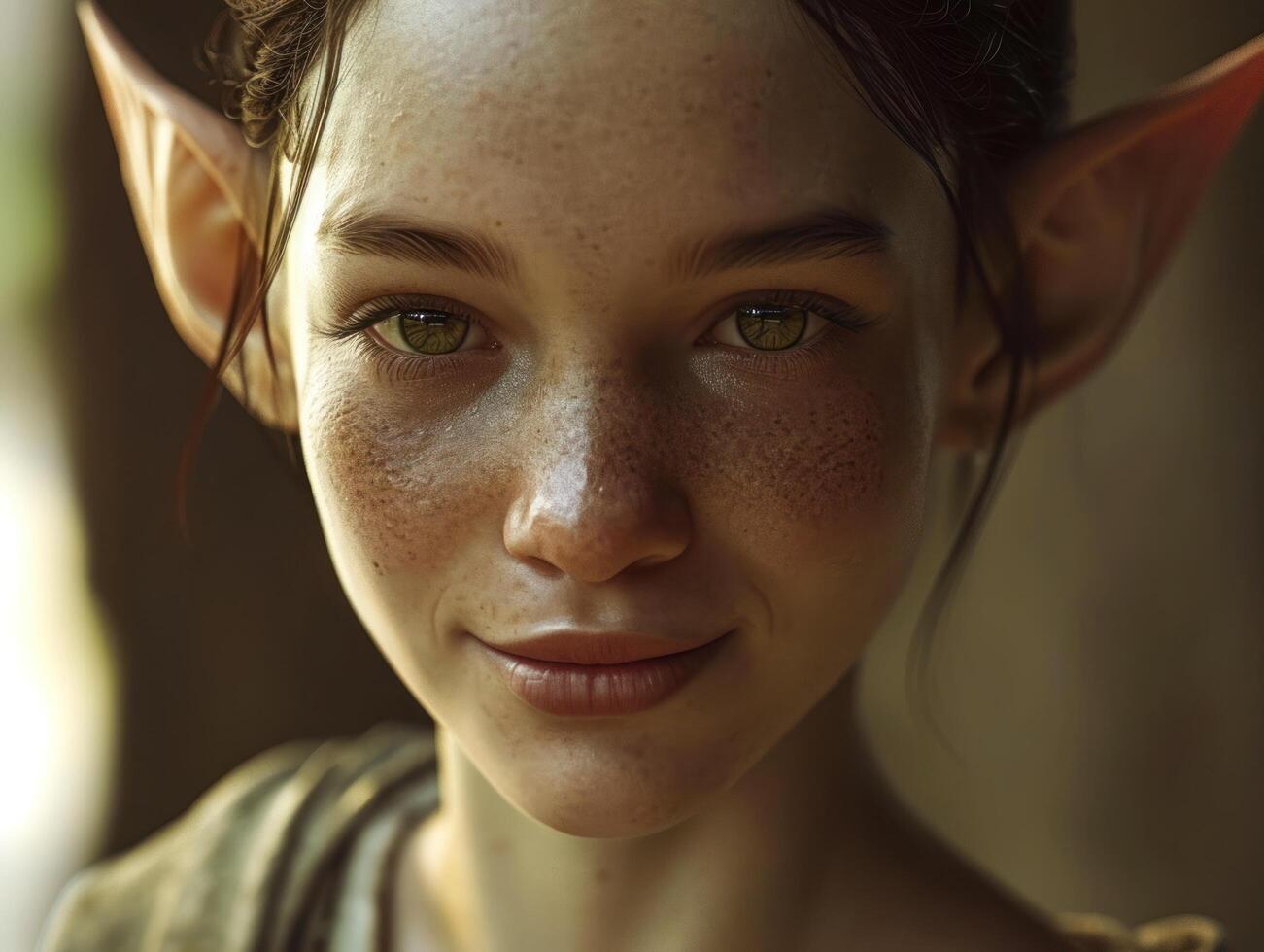 a close up of a woman with ears and freckles photo
