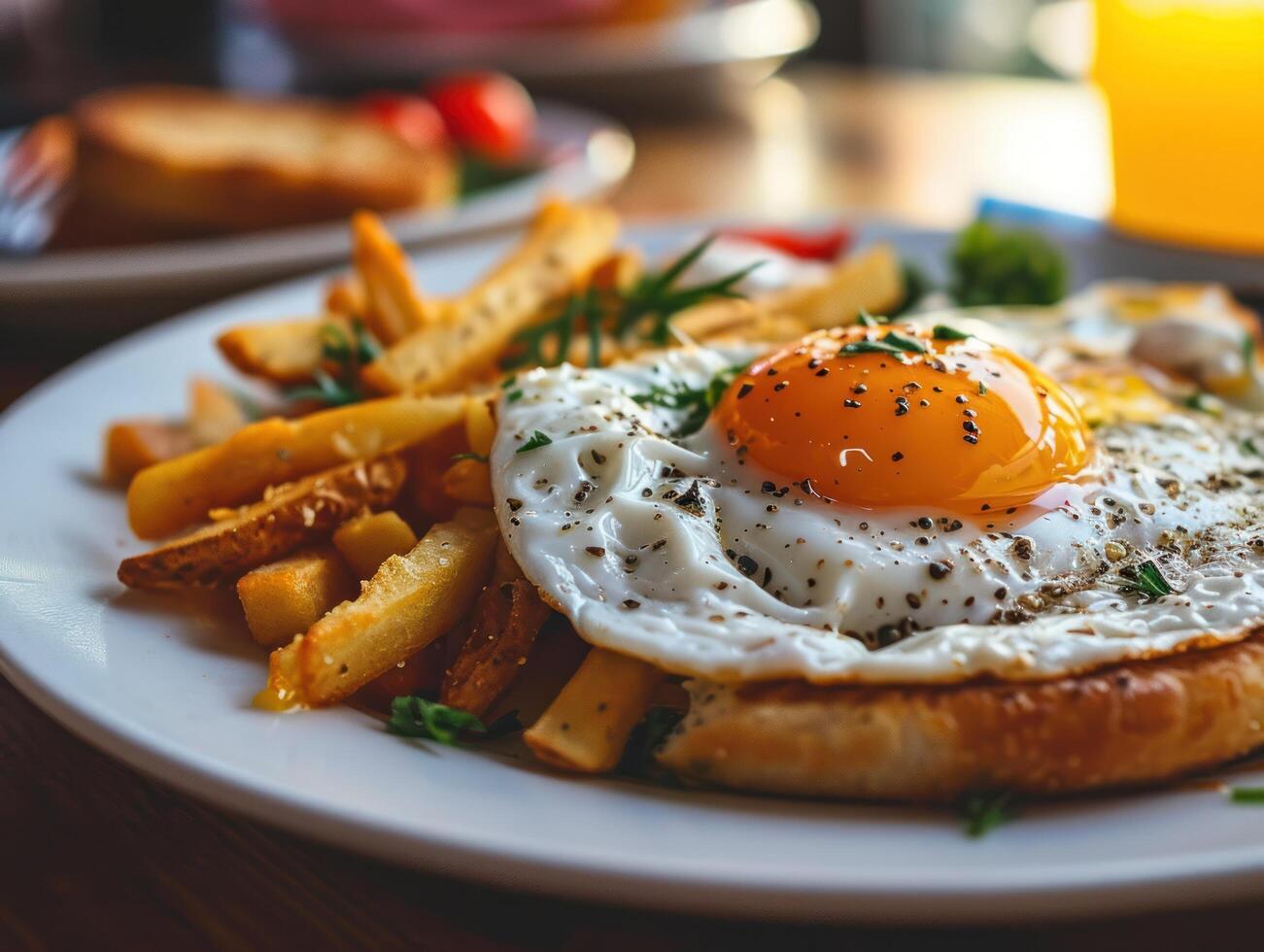a plate of food with a fried egg and french fries photo