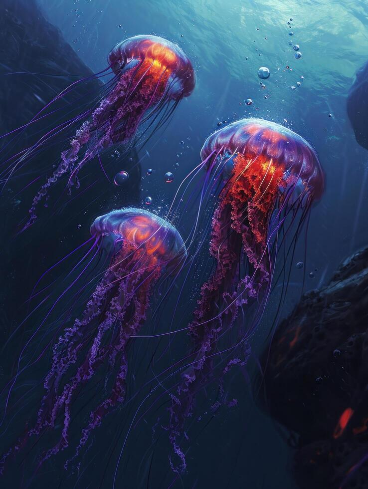 a group of jellyfish swimming in water photo
