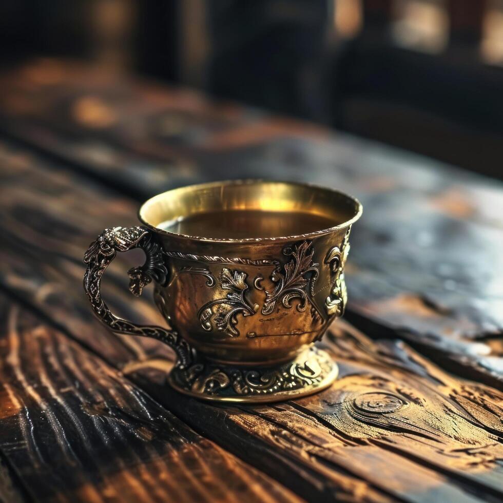 a gold cup with a handle on a wooden surface photo