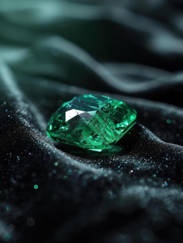 a green gem on a black velvet surface photo