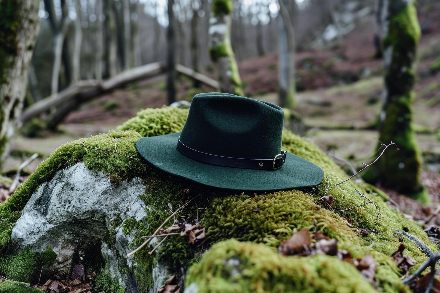 a hat on a rock in the woods photo