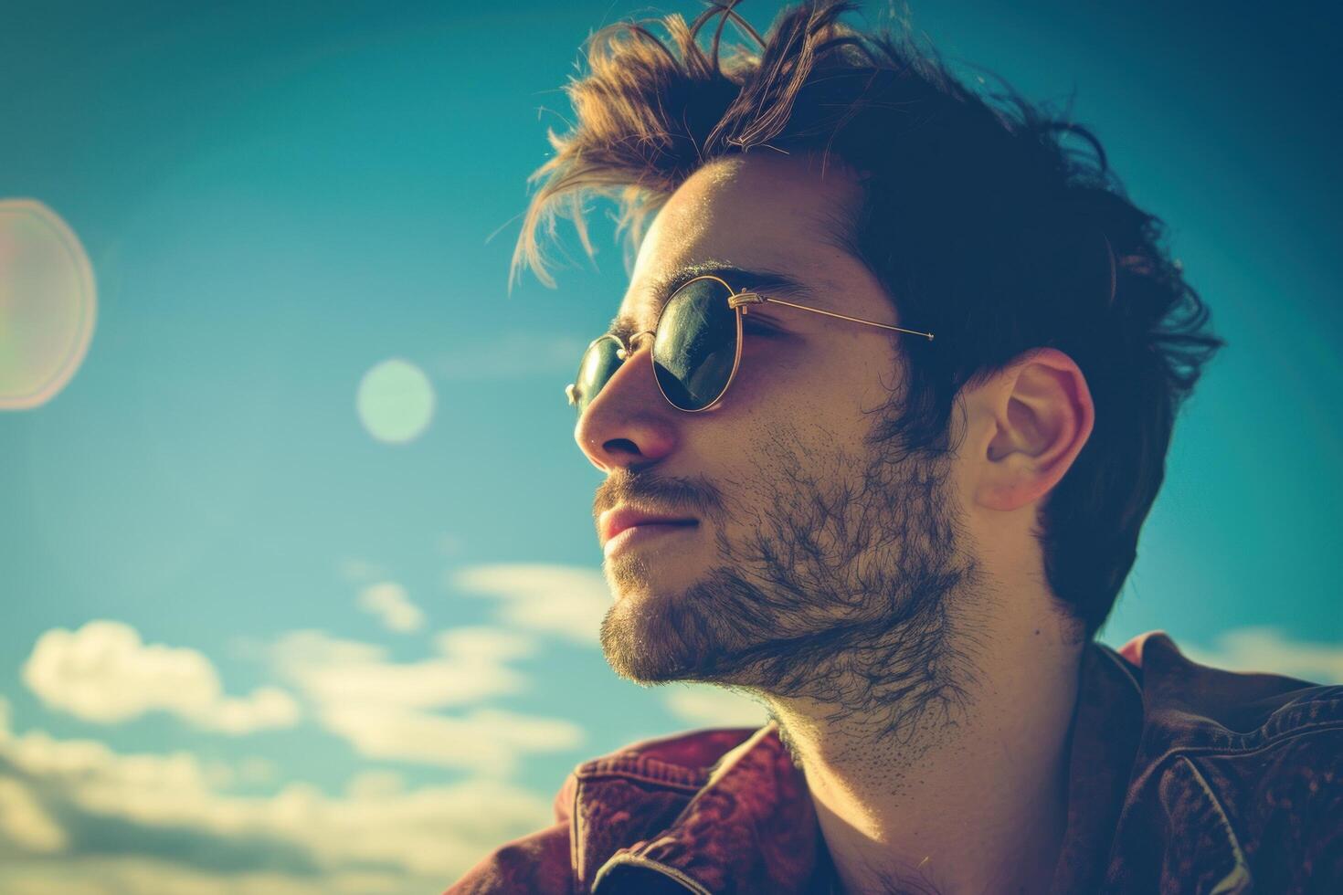 a man wearing sunglasses and looking away photo
