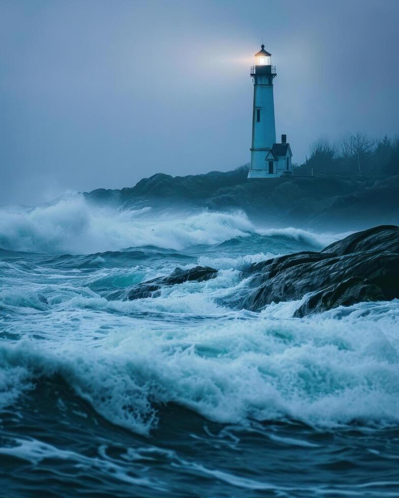 a lighthouse on a rocky shore with waves crashing photo