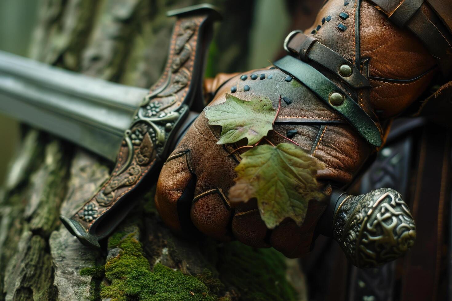 a gloved hand holding a sword photo