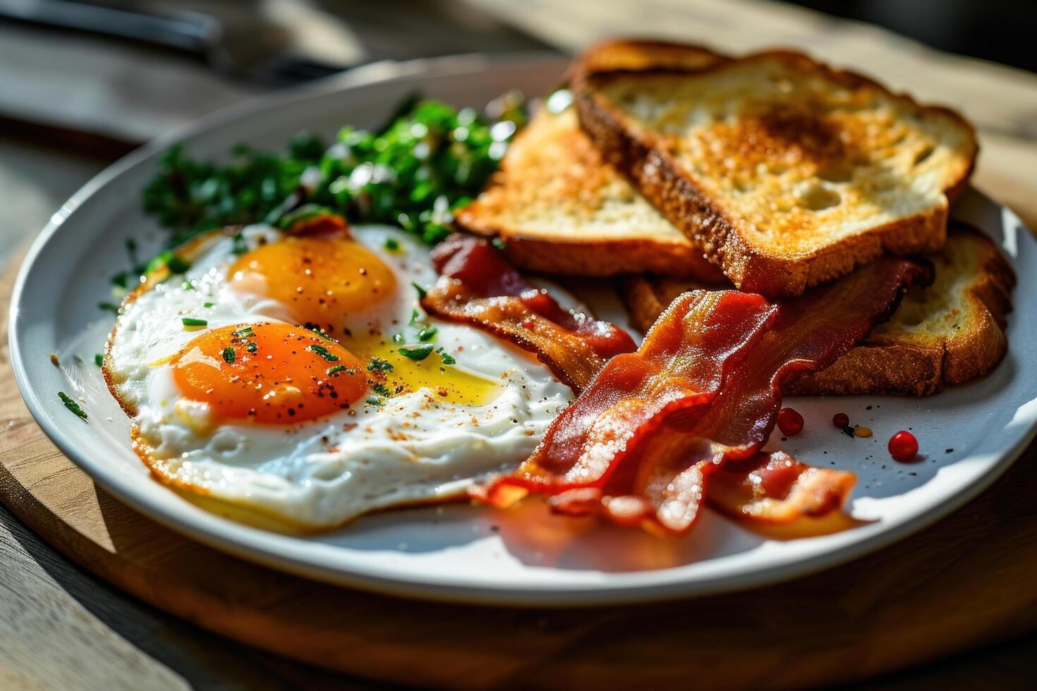 a plate of breakfast with eggs bacon and toast photo