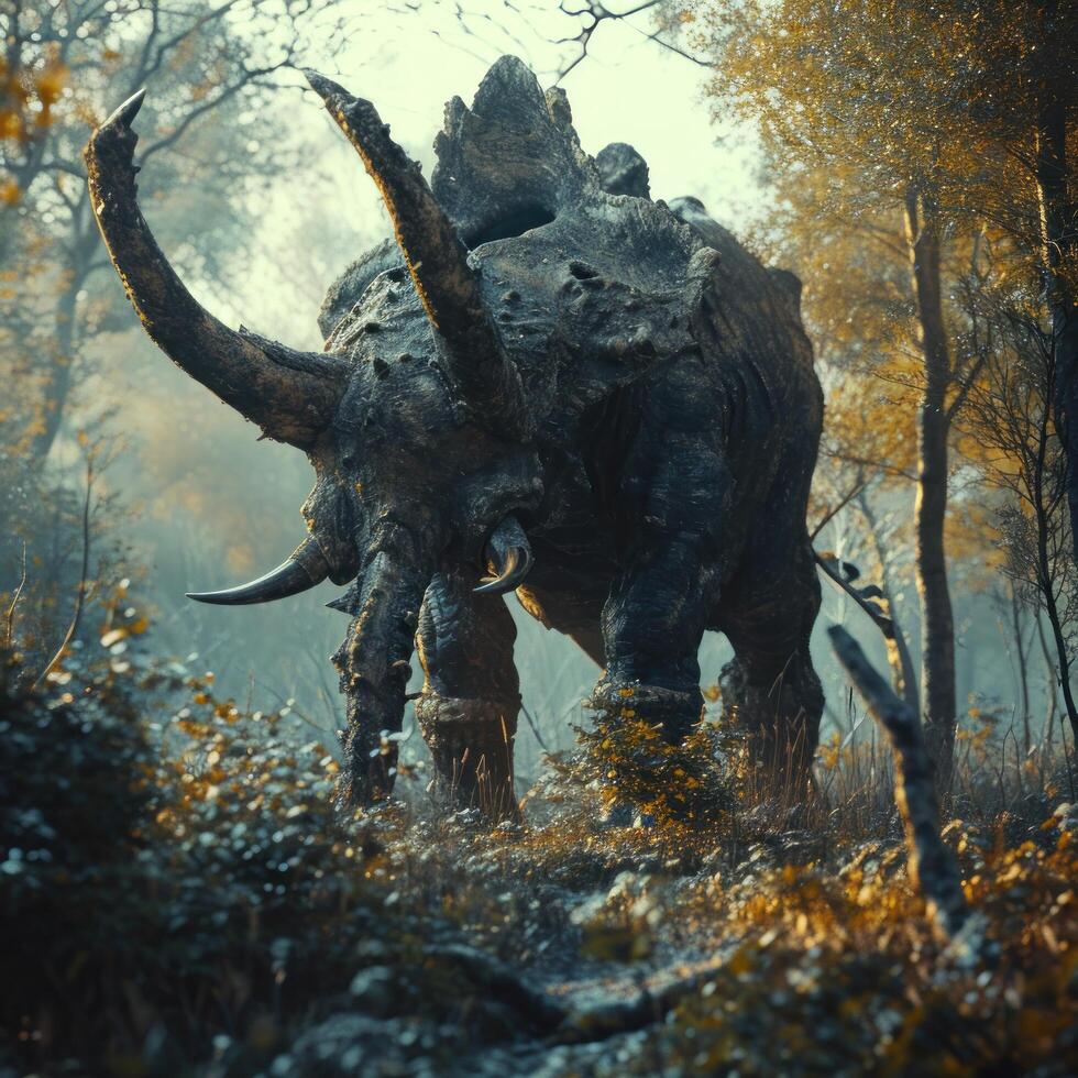 a dinosaur with horns in a forest photo