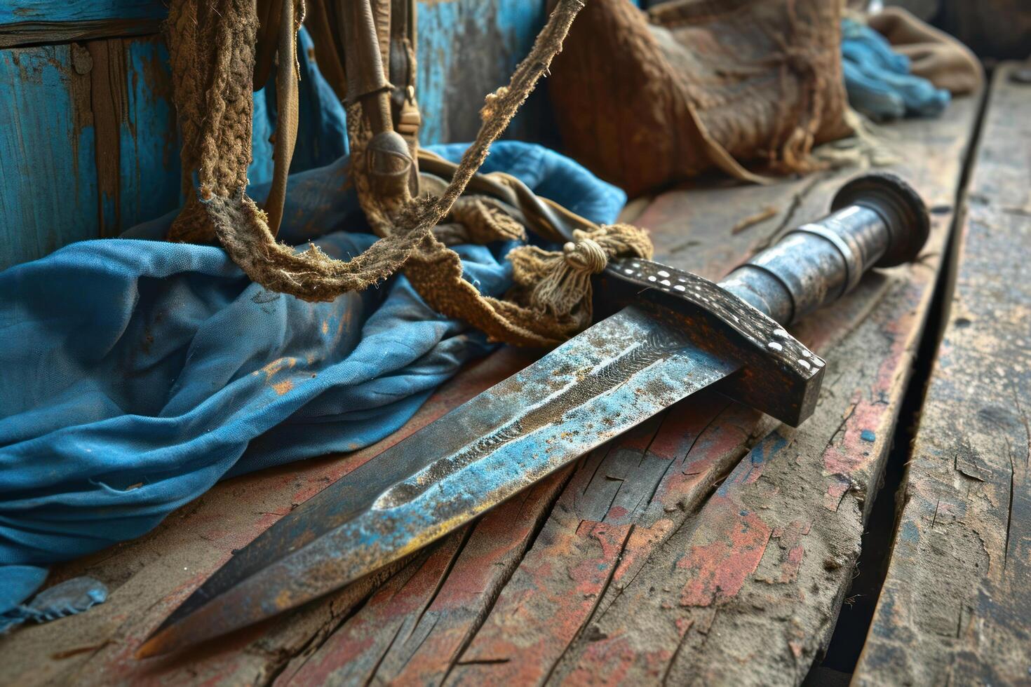 a sword on a wooden surface photo