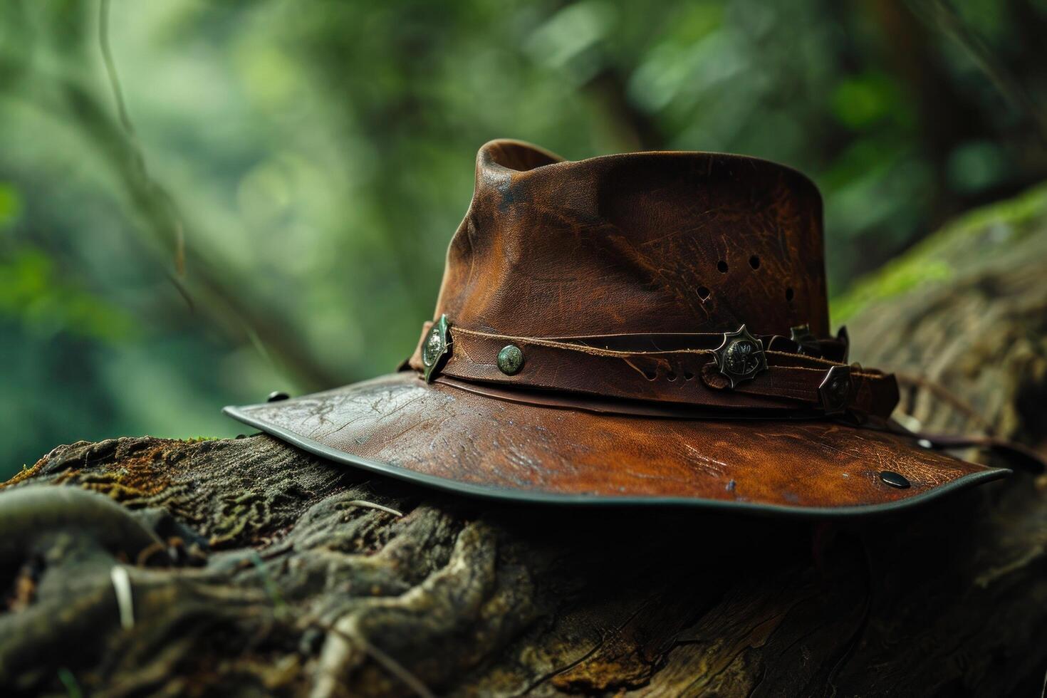 a brown hat on a log photo