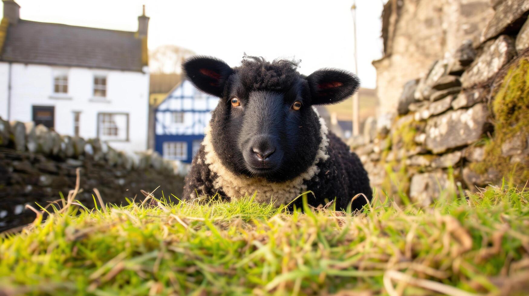a black and white sheep lying on grass photo