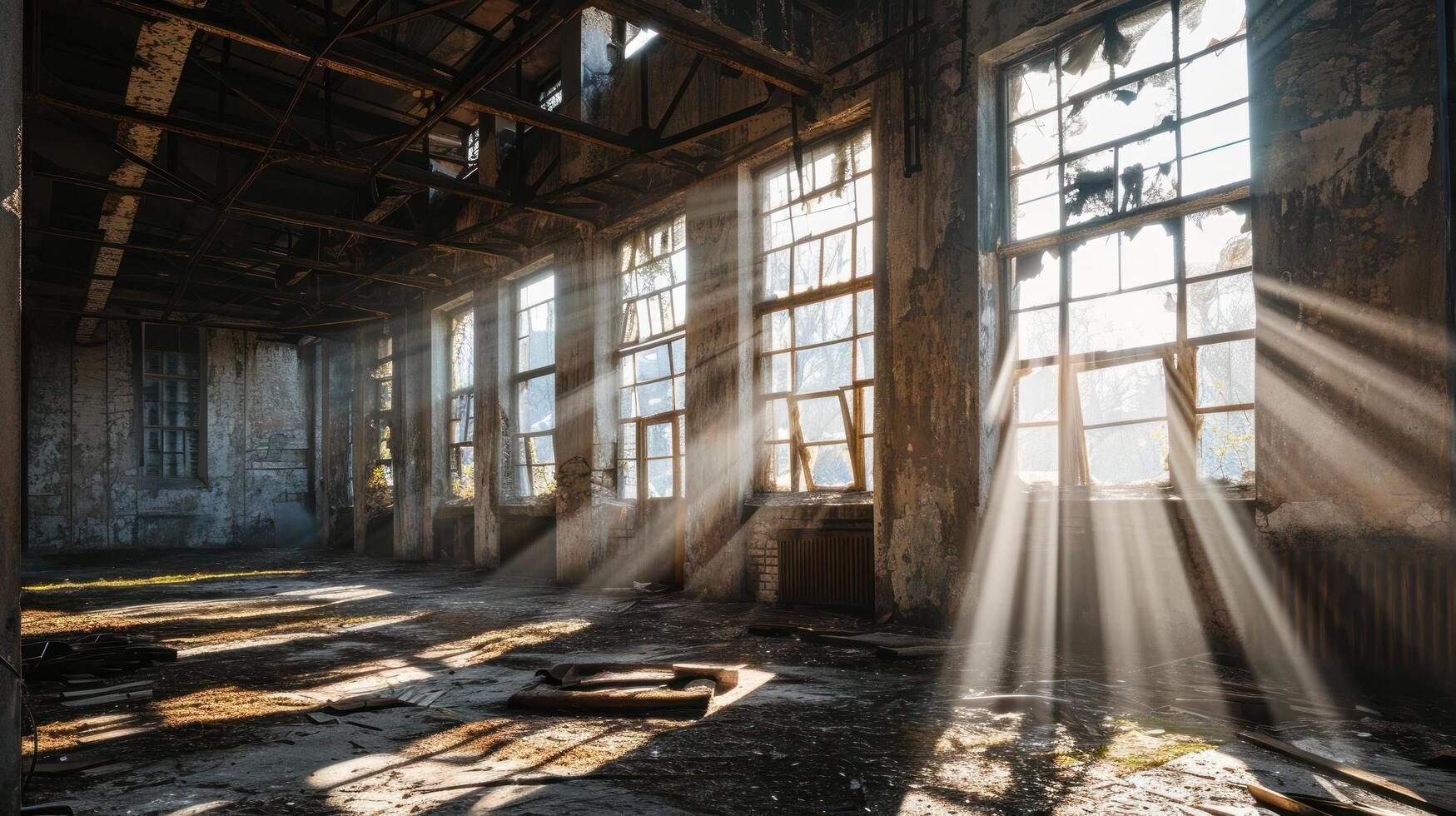 sunlight shining through windows in an abandoned building photo