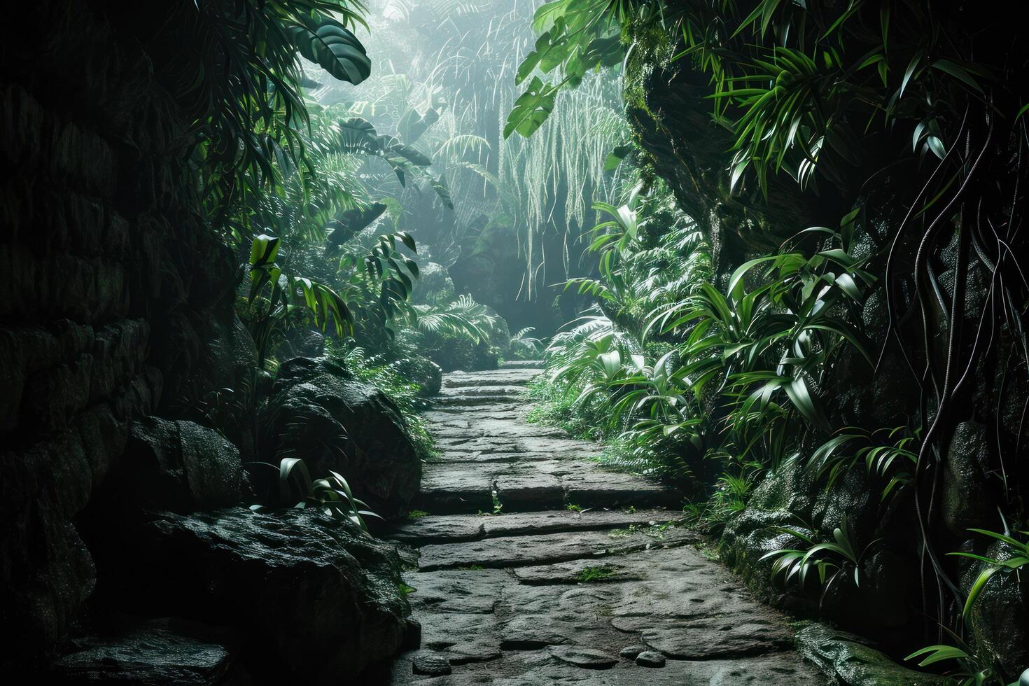 a stone path in a jungle photo