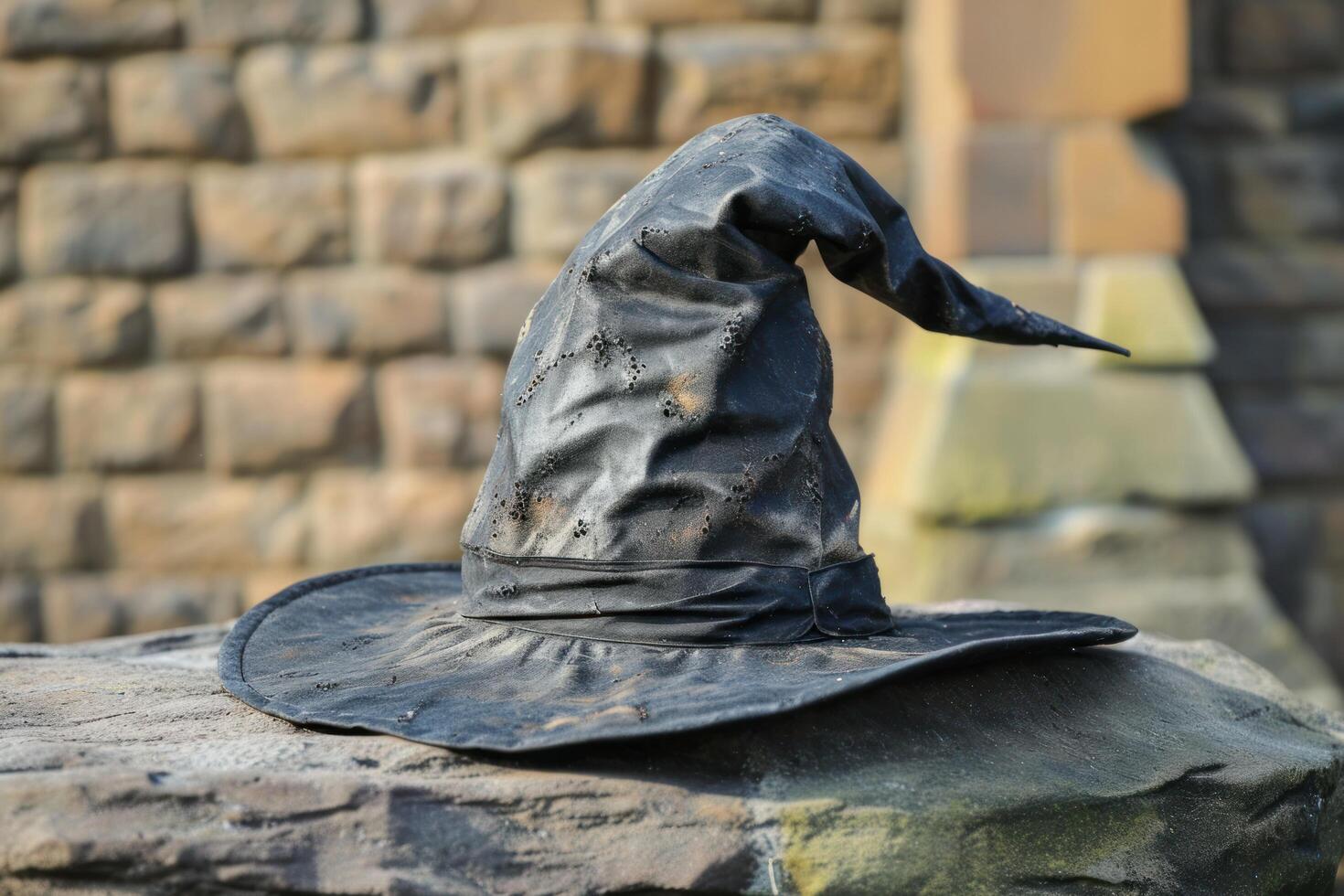 a black hat on a rock photo