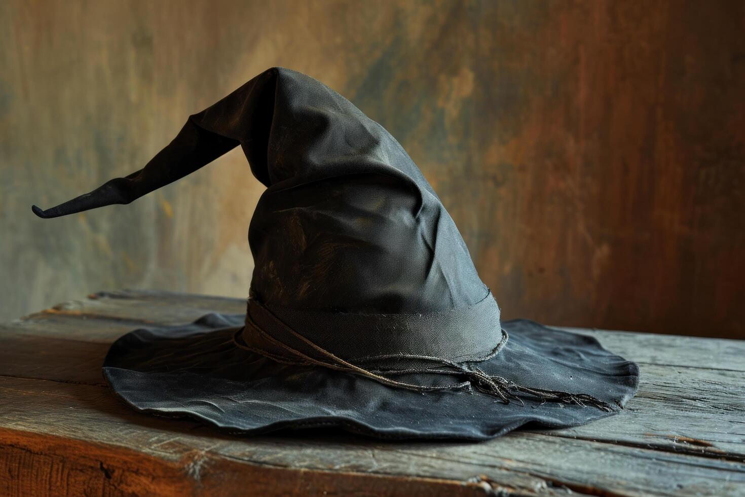 a black hat on a wooden table photo