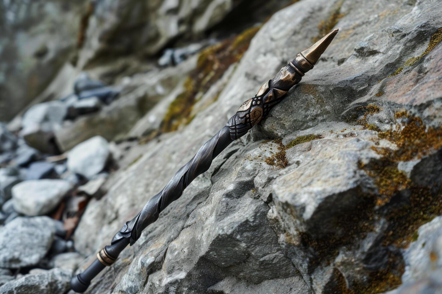 a black and gold wand on a rock photo