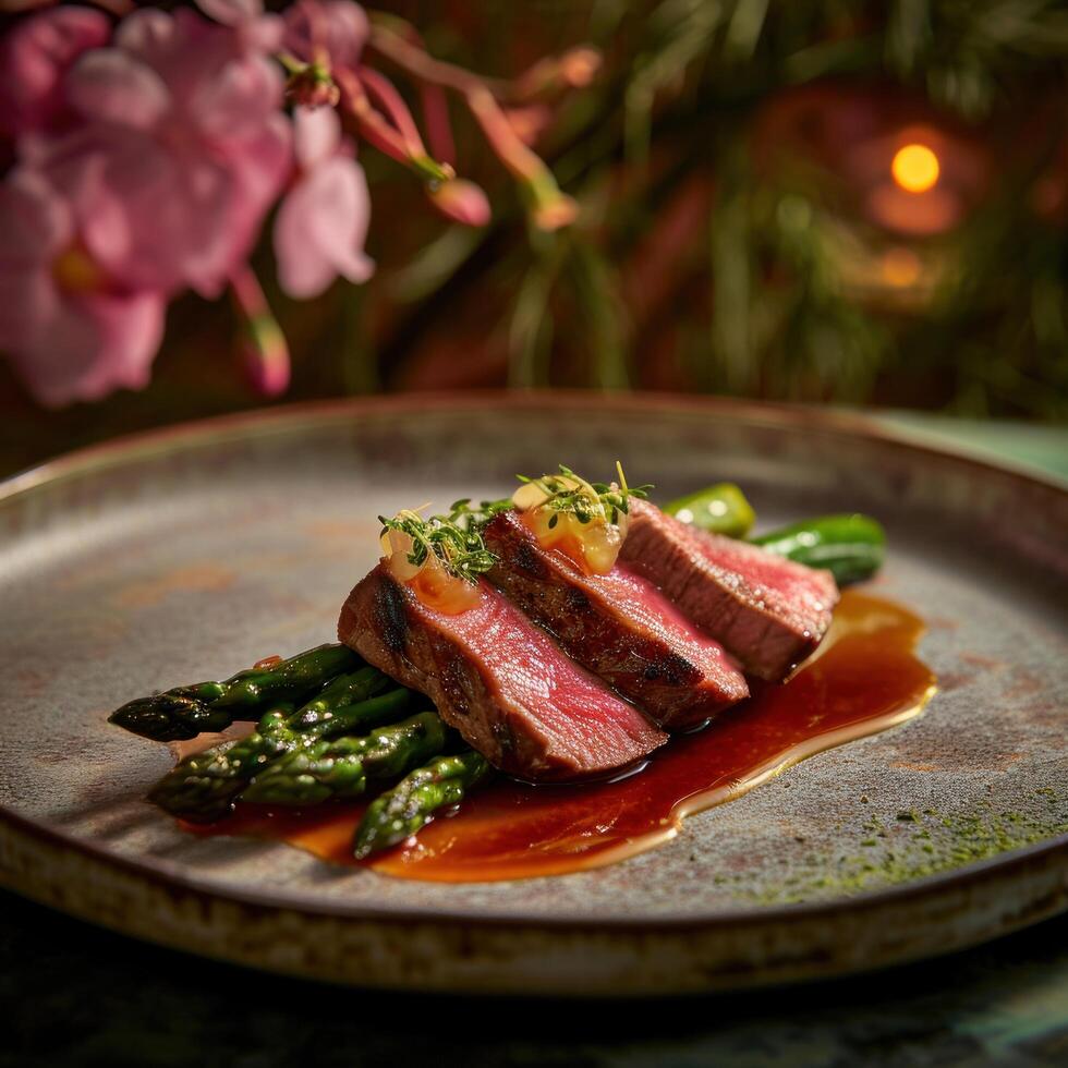 a plate of food with meat and asparagus photo