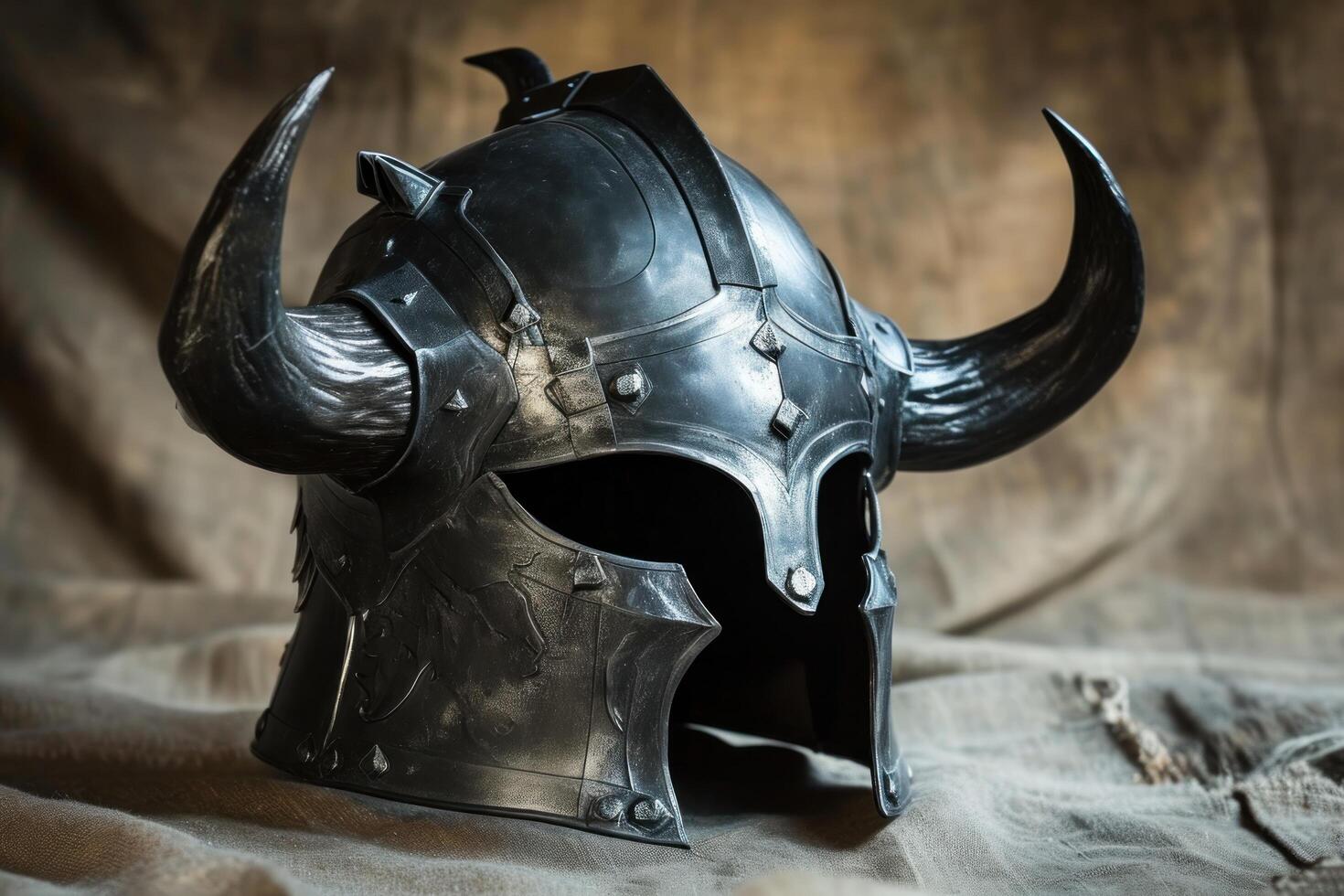 a helmet with horns on a cloth photo