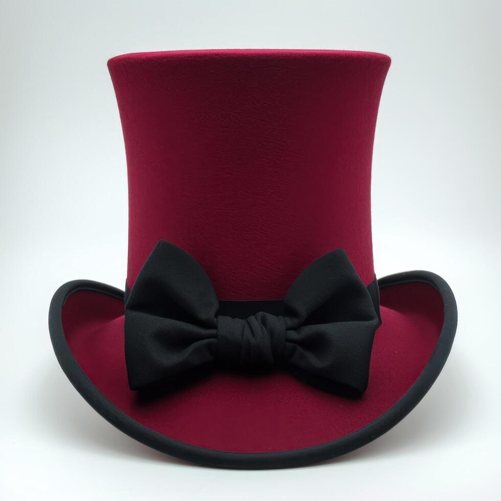 a red top hat with a black bow tie photo