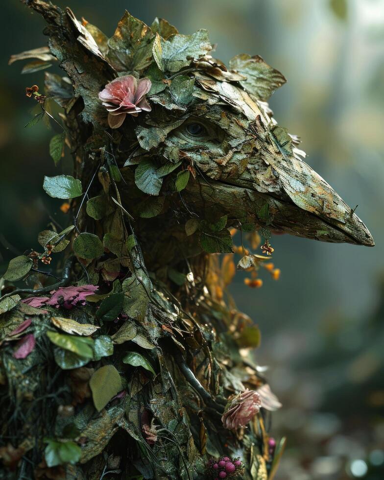 a bird made out of leaves and flowers photo
