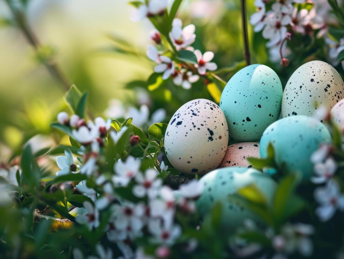 a group of eggs in a nest with white flowers photo