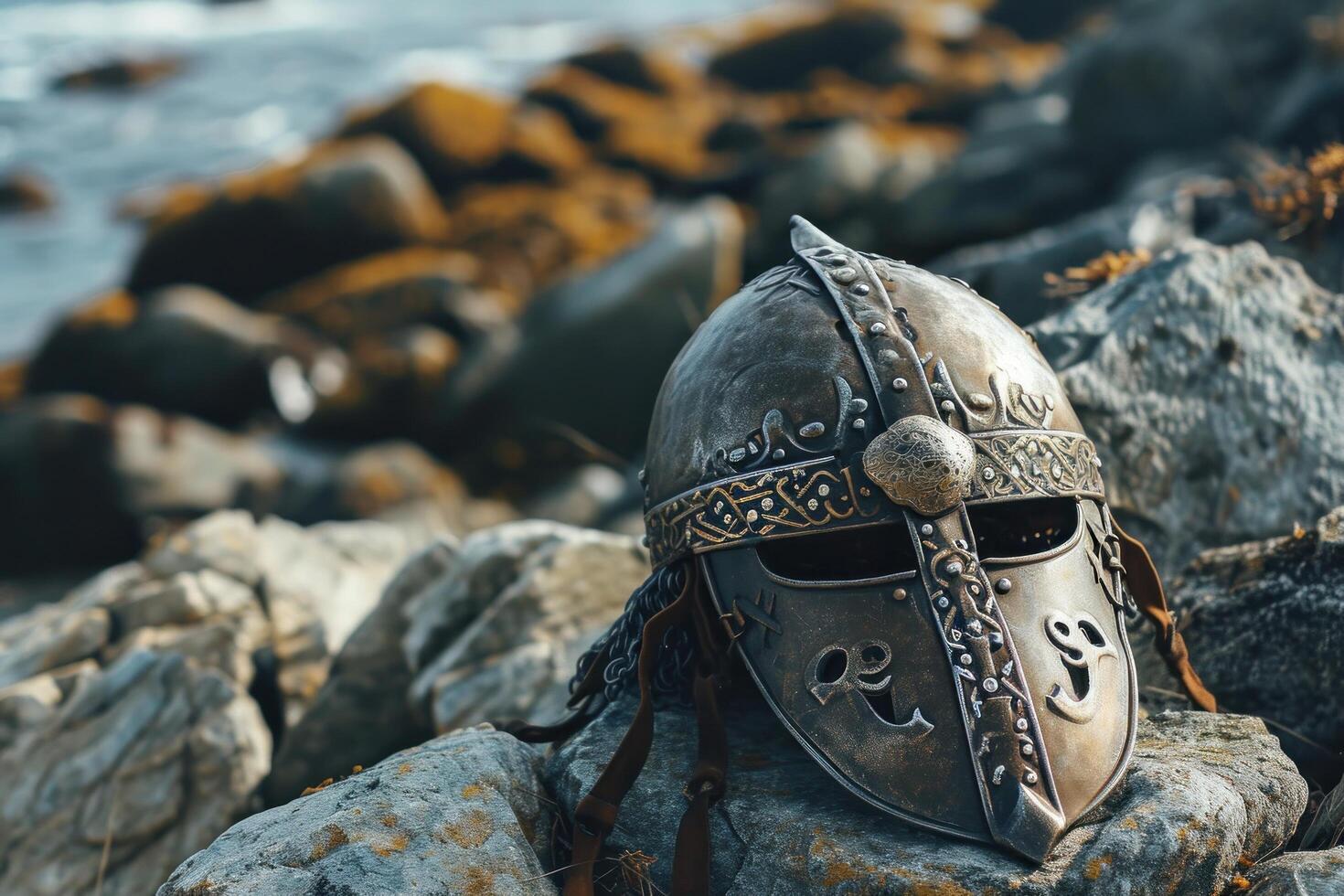 a metal helmet on rocks photo