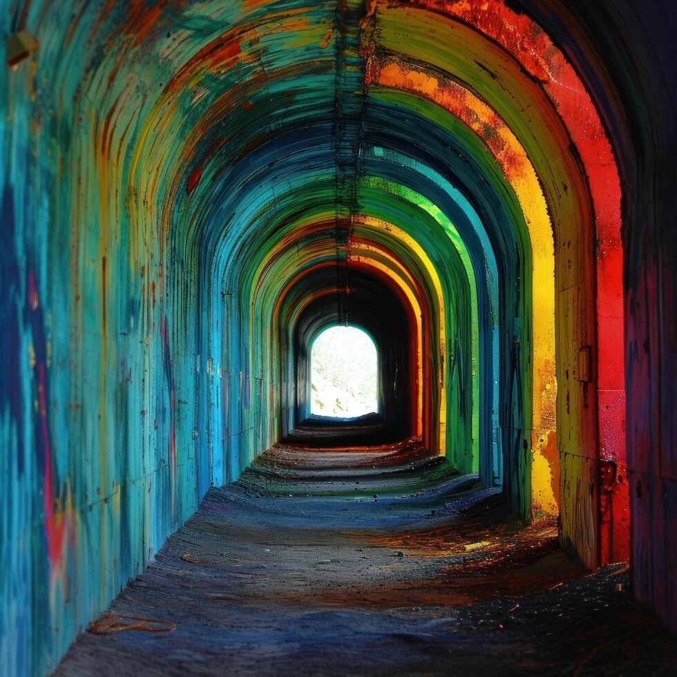 a rainbow colored tunnel with light coming through photo