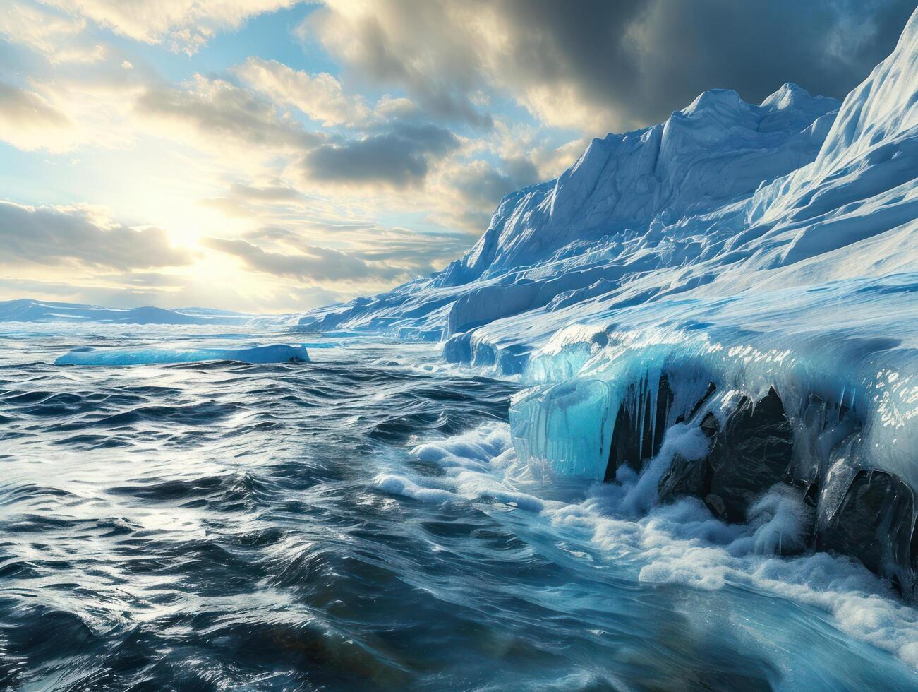 a snowy mountain with ice and water photo