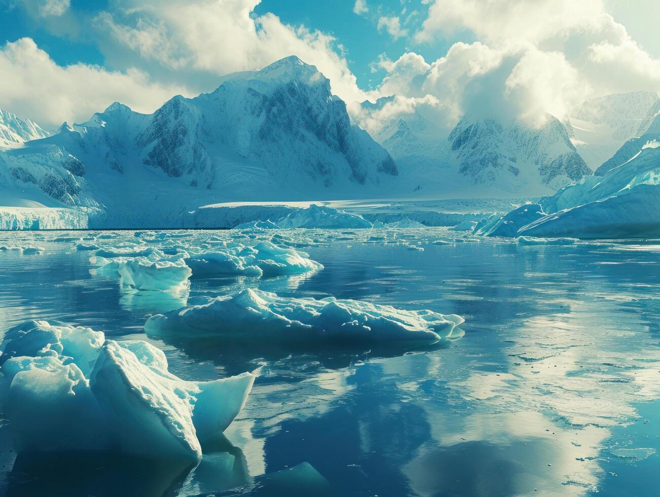 icebergs in the water with mountains in the background photo