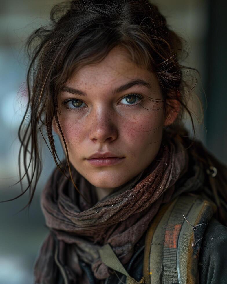 a woman with freckles and a scarf photo