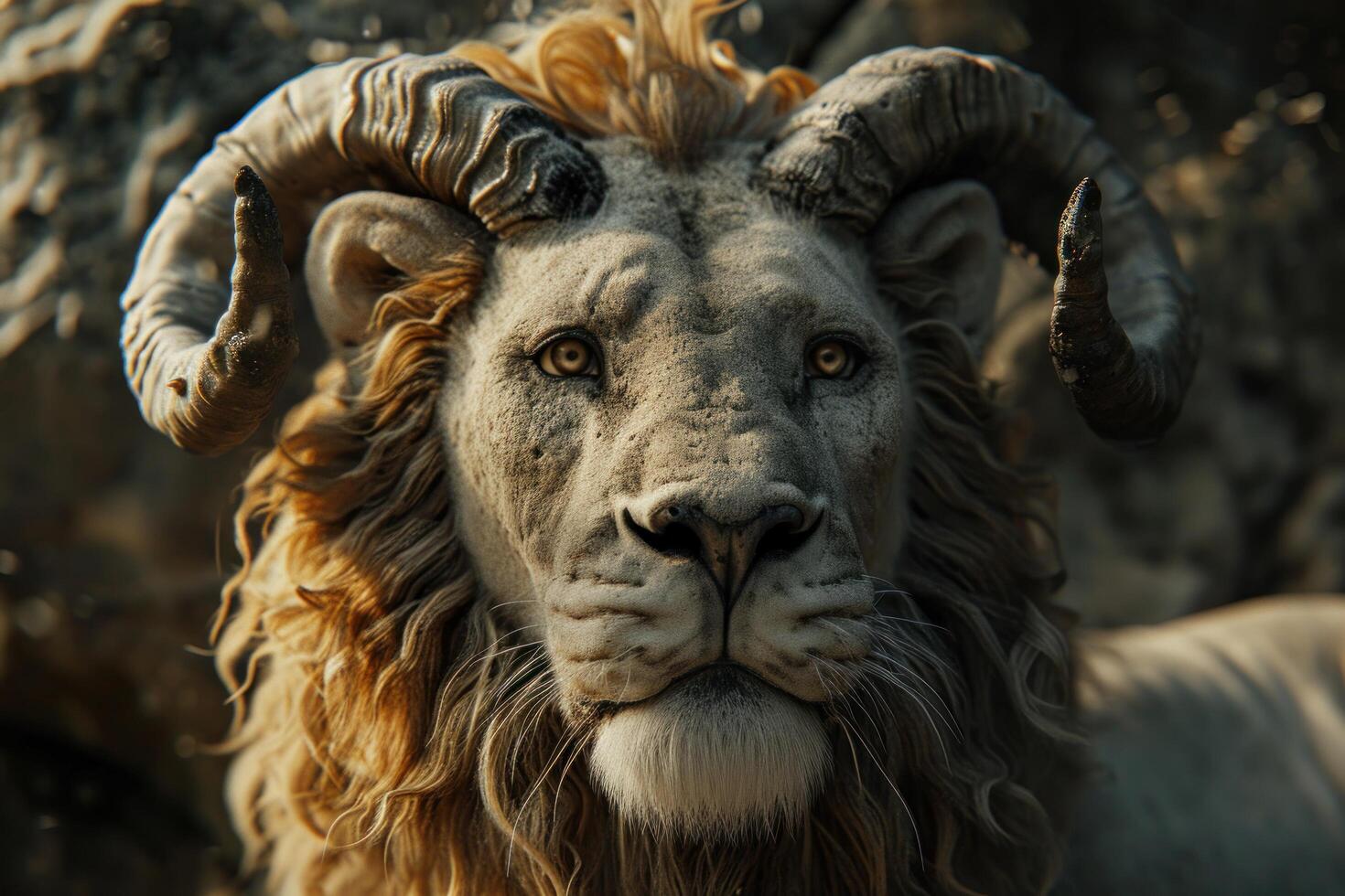 a lion with long curly hair and a large horn photo