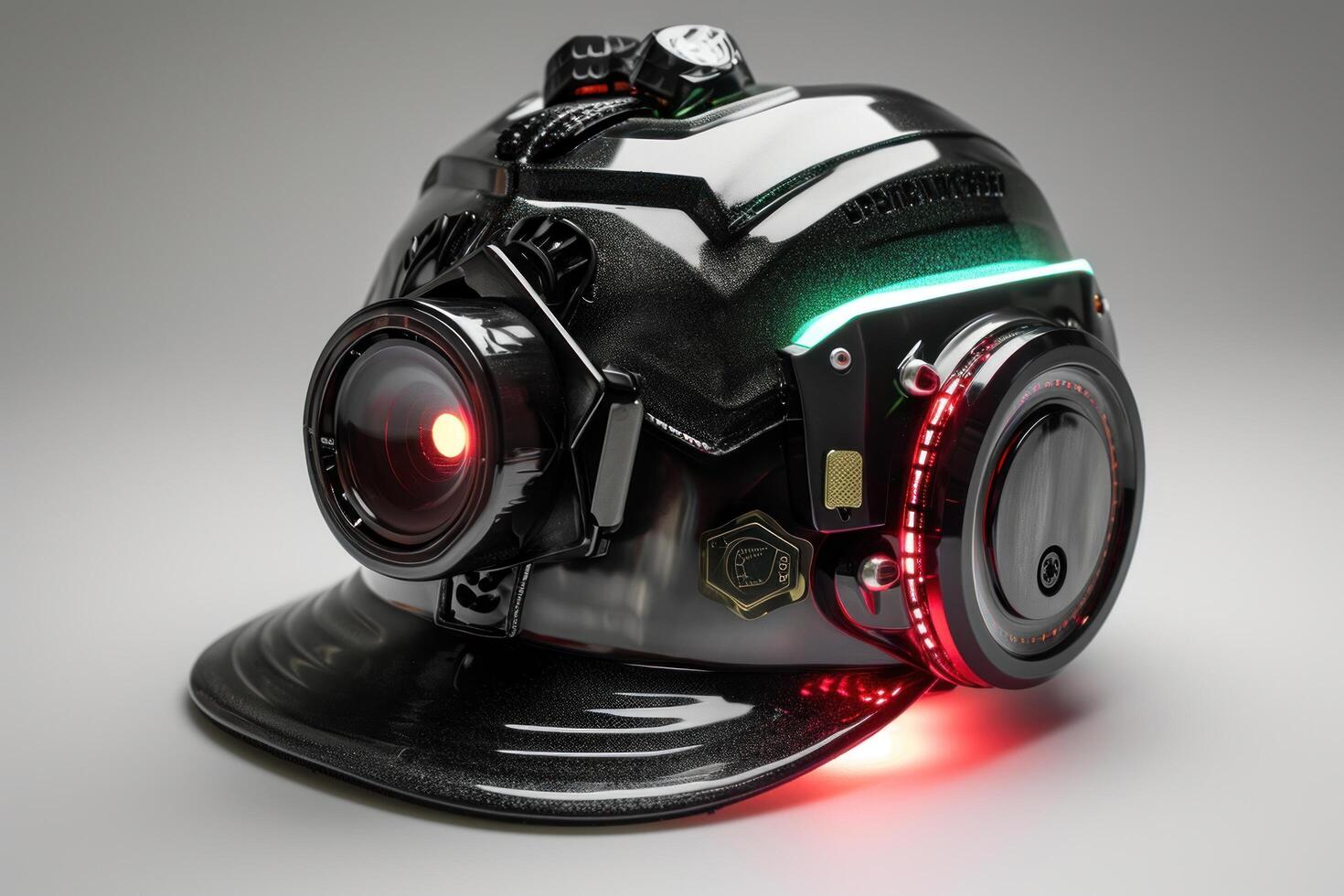 a black helmet with red lights photo