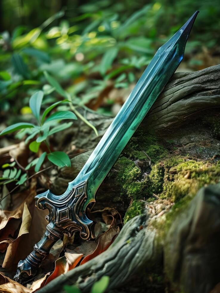 a sword lying on a log photo