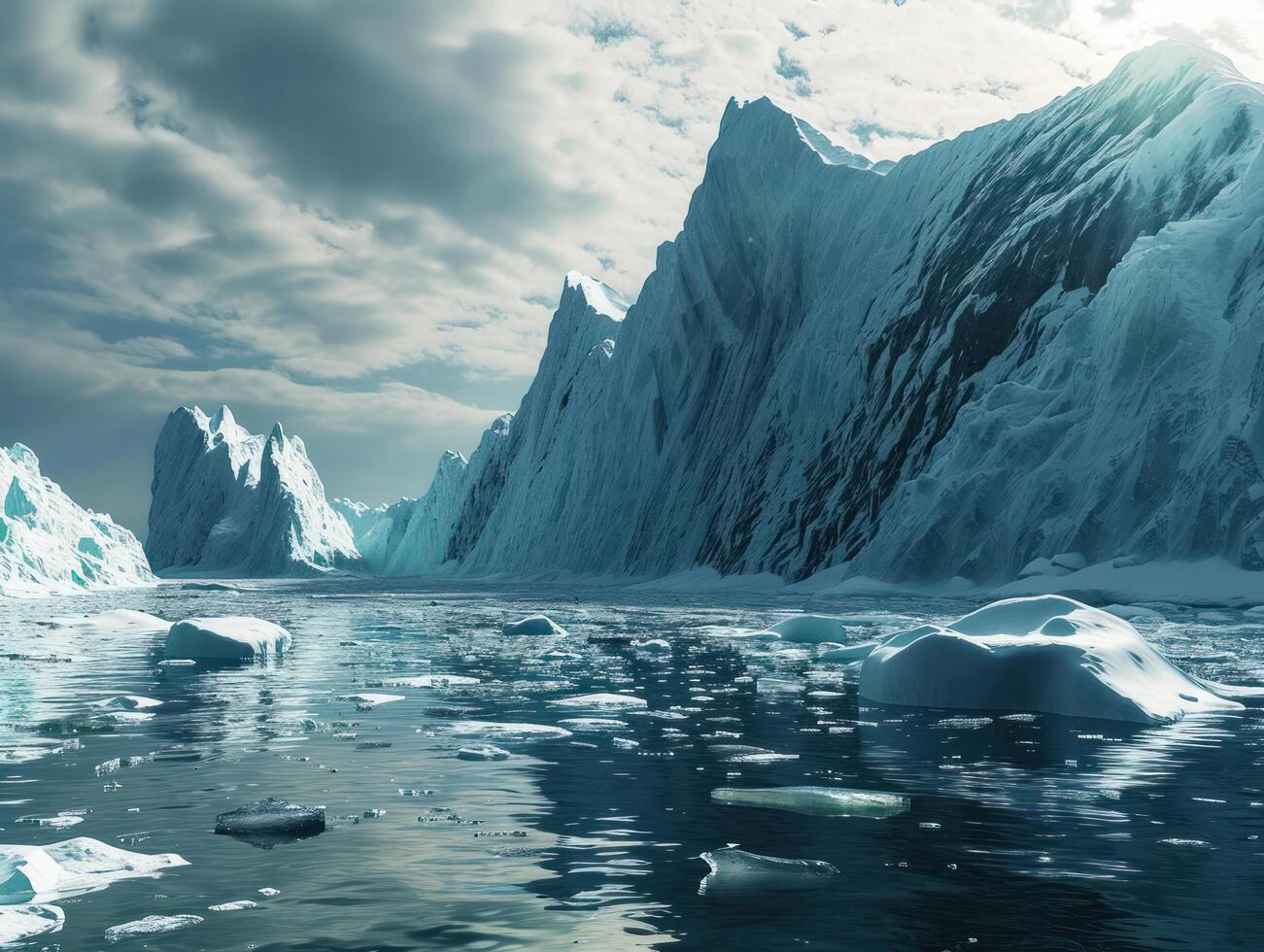 a body of water with icebergs and mountains photo