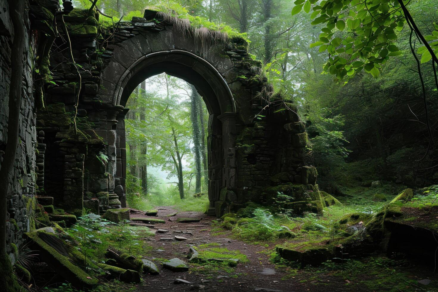 an old stone arch in a forest photo