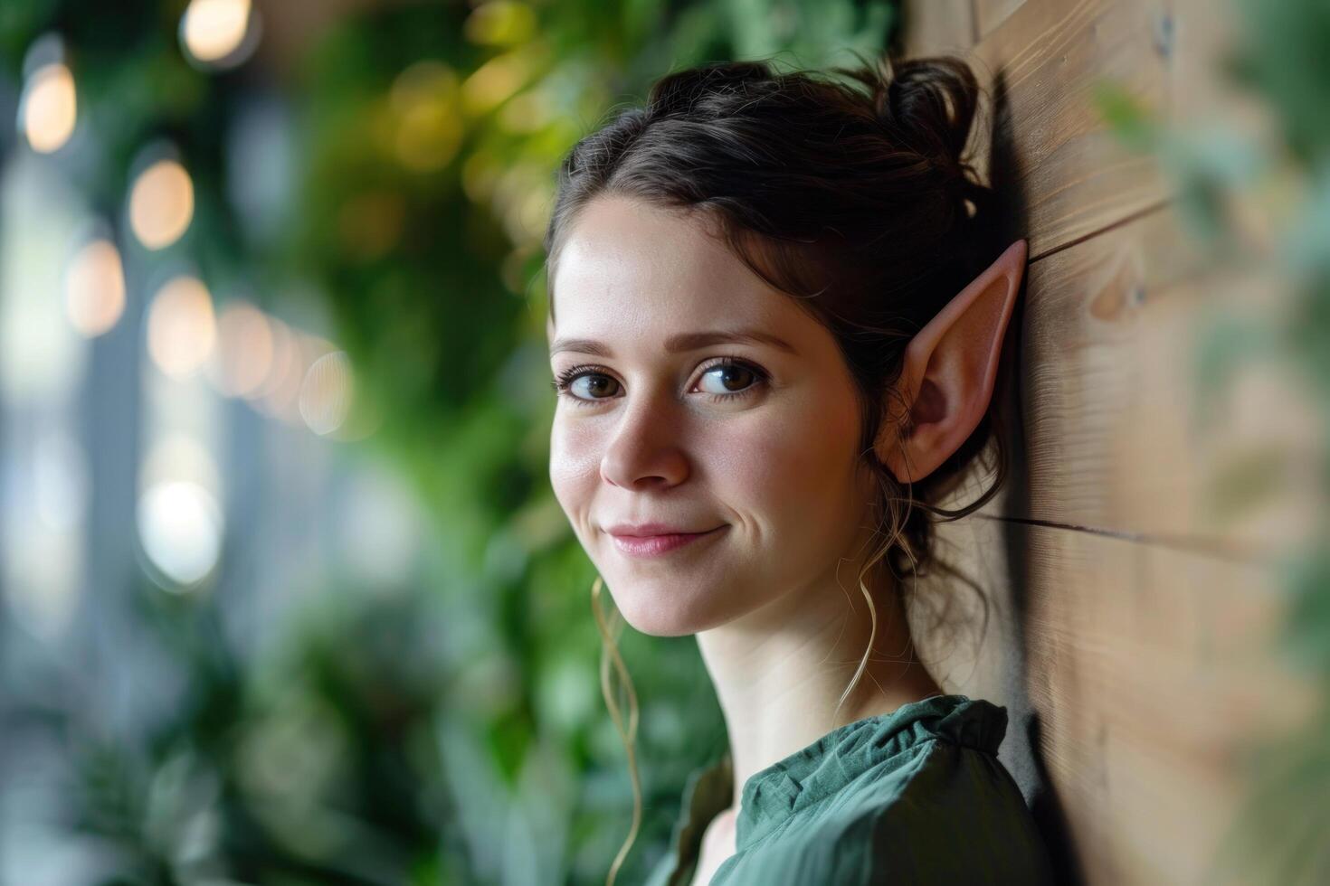 a woman with elf ears leaning against a wall photo