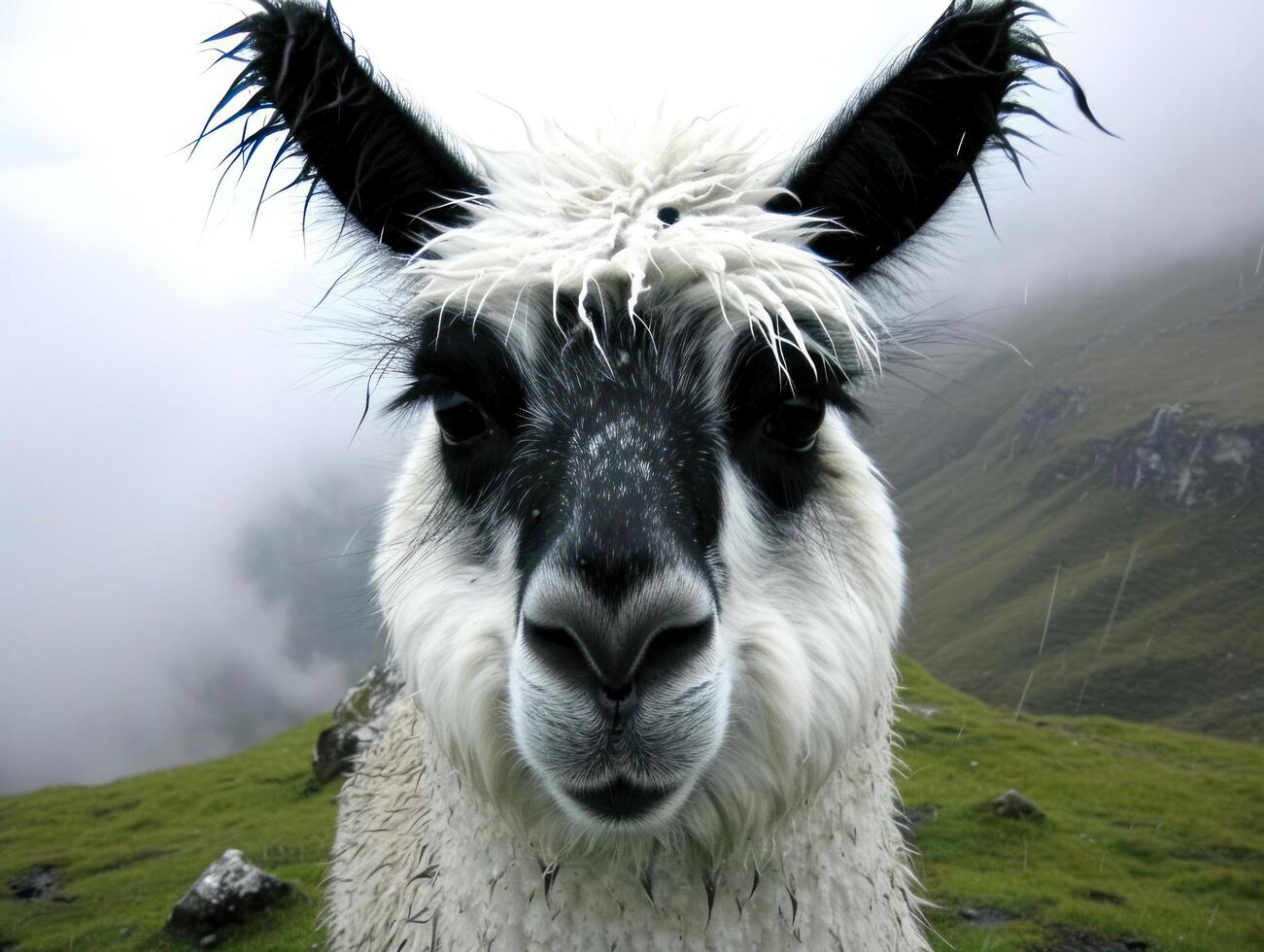 a llama with black and white fur photo