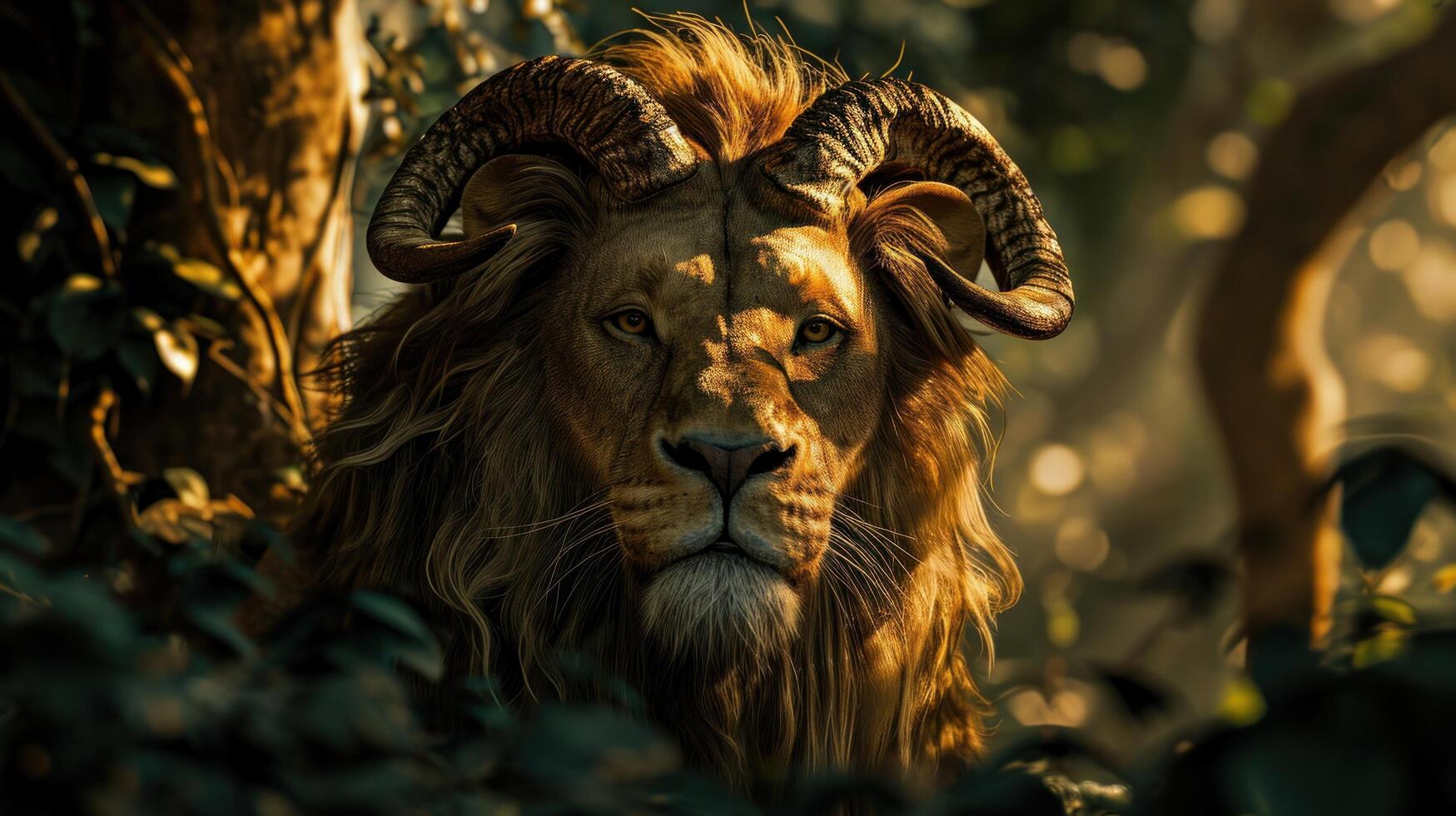 a lion with horns looking at the camera photo