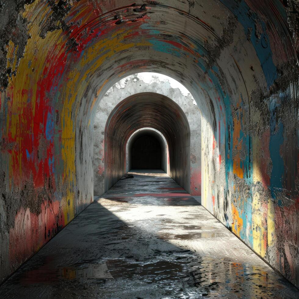 a tunnel with a light shining through photo