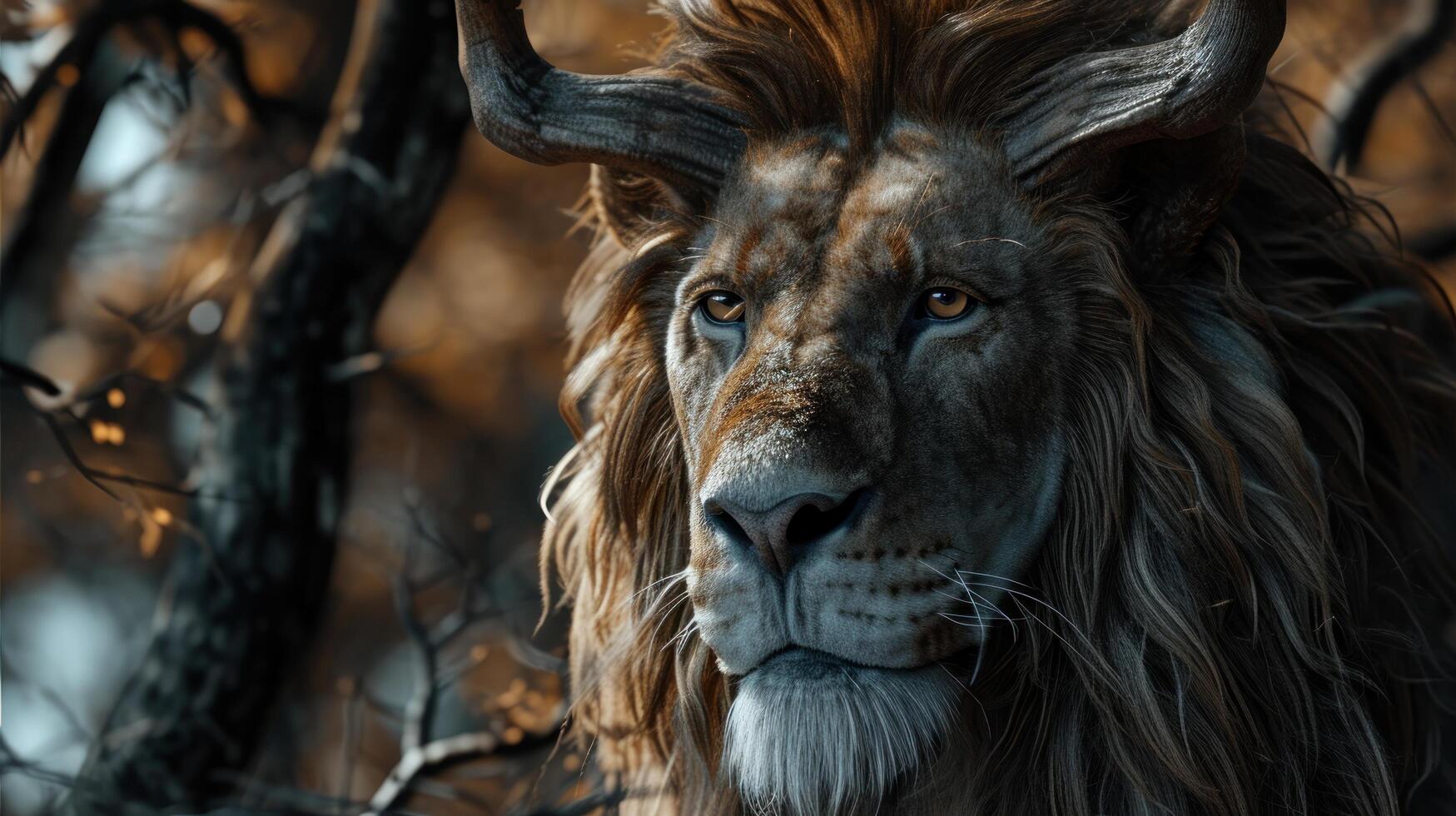 a lion with long hair and a white whiskers photo