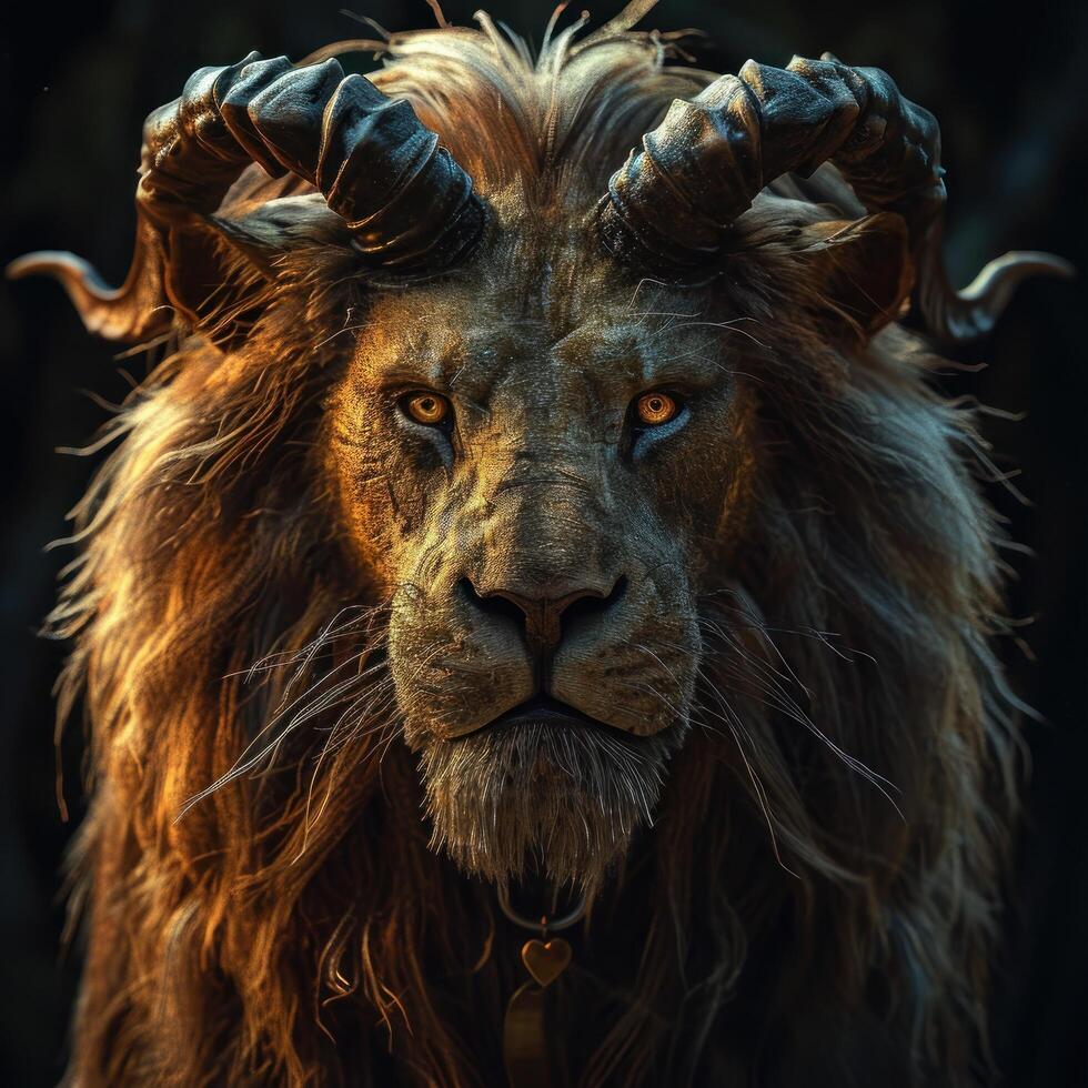 a lion with horns and a collar photo