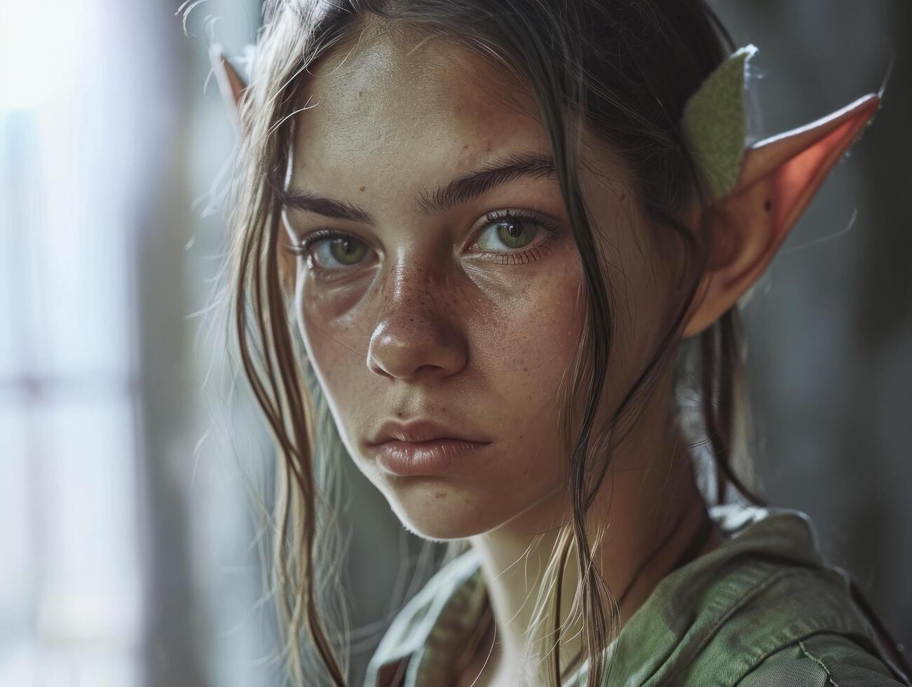 a girl with green eyes and pointy ears photo